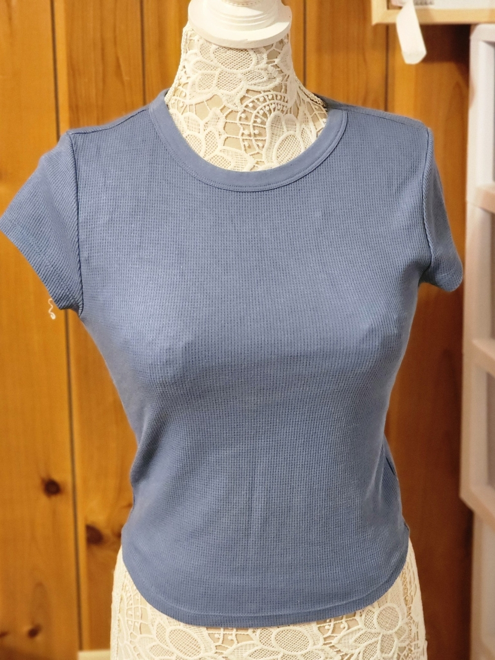 Dusty Blue Waffle Knit Thermal Baby Tee Classic Crewneck
